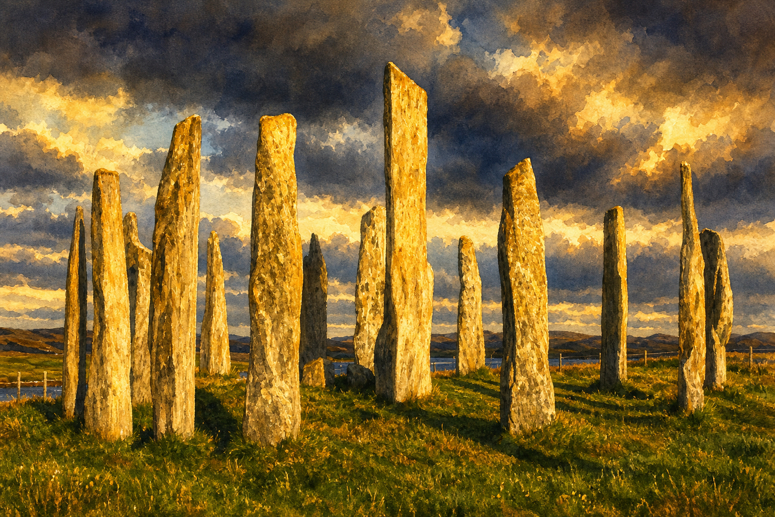 Watercolour illustration of Calanais Standing Stones, Issue 11