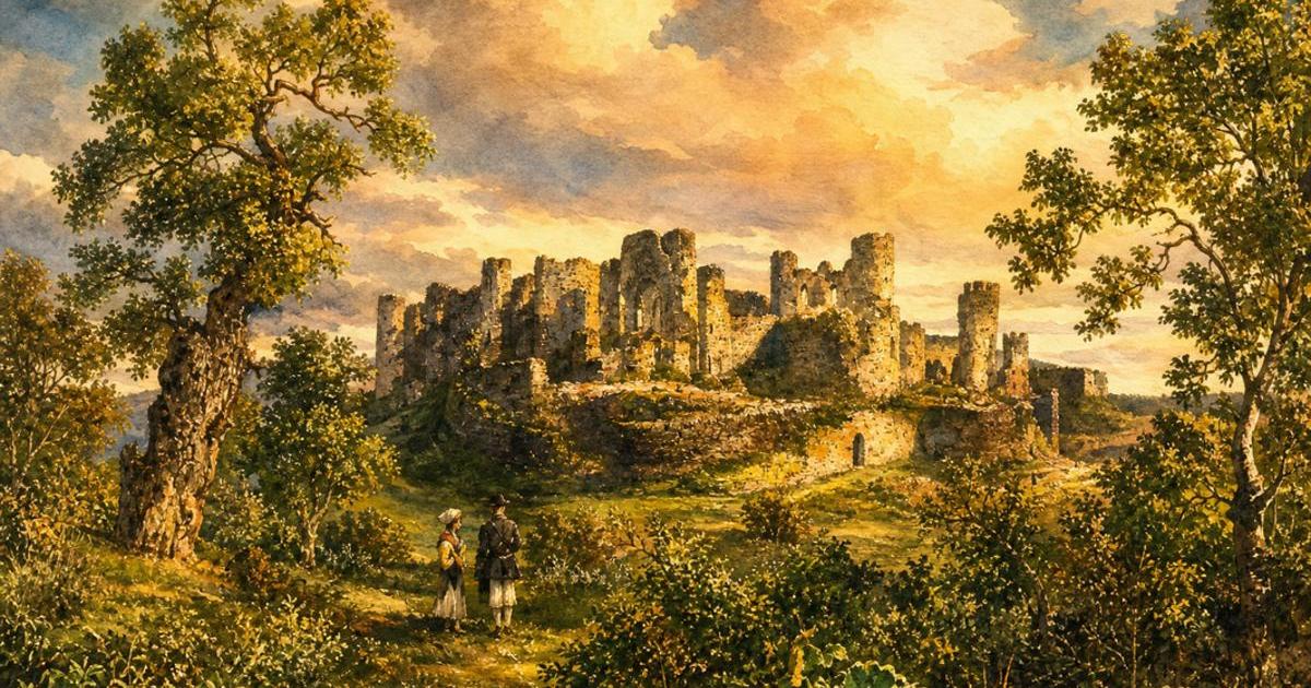 Watercolour illustration of Caerphilly Castle, Issue 14
